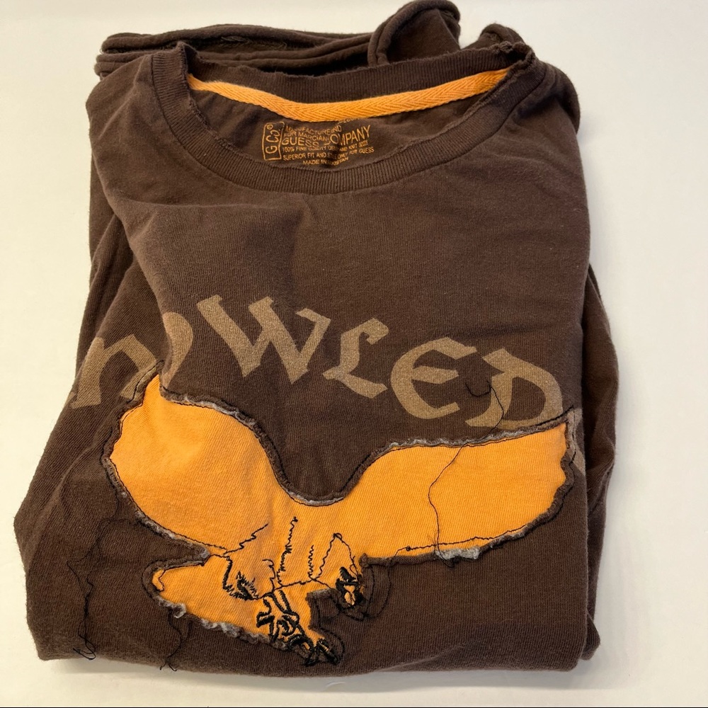 Guess Mens Brown Orange Short Sleeve Eagle Bird Distressed T-shirt Size L - Picture 8 of 11